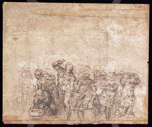 Studium postaci do sceny narracyjnej (czarna kreda na papierze) (verso) (odbytnicy patrz 191777) (patrz także 191767) autorstwa Michelangelo Buonarroti