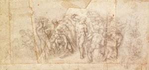 Studium postaci do sceny narracyjnej (węgiel na papierze) (recto) autorstwa Michelangelo Buonarroti