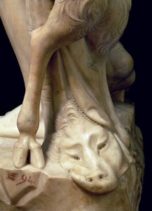 Pijaństwo Bachusa, fragment głowy pantery, rzeźba Michała Anioła Buonarrotiego 1475-1564, 1496-97 fragment marmuru z 52672
