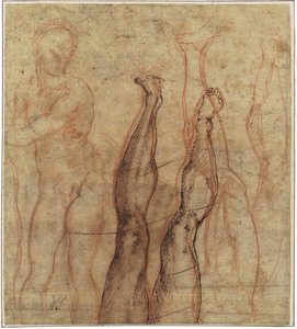 Zmartwychwstały Chrystus, akt o długości trzech czwartych narysowany na studiach nogi i stopy autorstwa Michelangelo Buonarroti