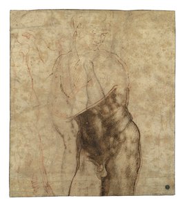 Zmartwychwstały Chrystus, nago o długości trzech czwartych, patrząc w dół w prawo autorstwa Michelangelo Buonarroti