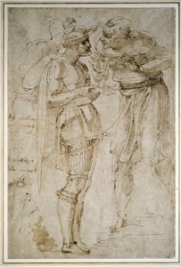 Trzej mężczyźni w rozmowie (pióro i brązowy atrament na papierze) autorstwa Michelangelo Buonarroti