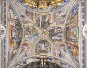 Sklepienie prezbiterium ze scenami z życia Matki Boskiej (fresk) autorstwa Michelangelo Carminati