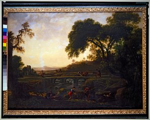 Krajobraz z mostem, chłopami, krowami i kozami (płótno) autorstwa Michelangelo Cerquozzi