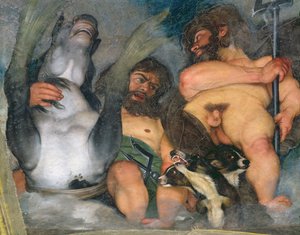 Alegoria Żywiołów, Wszechświata i Znaków Zodiaku, fragment Neptuna i Trytona z trójgłowym psem Cerberem, 1597 olej na gipsie detal z 107109