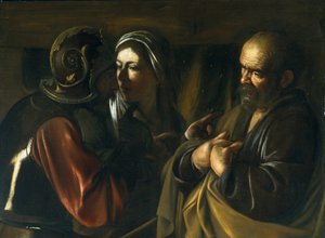 Zaparcie się św. Piotra, 1610 autorstwa Michelangelo Merisi Caravaggio