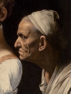Fragment służącej z Judyty i Holofernesa, 1599 autorstwa Michelangelo Merisi Caravaggio