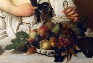 Bachus, detal z miską owoców, ok.1589 (olej na płótnie) autorstwa Michelangelo Merisi da Caravaggio