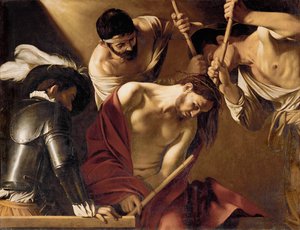 Ukoronowanie Jezusa koroną cierniową (olej na płótnie) autorstwa Michelangelo Merisi da Caravaggio