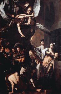 Siedem dzieł misericorde (Sette opere di misericordia). Cimon skazuje na śmierć głodową w więzieniu karmi piersią swoją córkę Pero (Rzymska Organizacja Charity), aw tle mężczyzna niesie płonącą pochodnię, by wyciągnąć zwłoki. Na górze dziewica ma t autorstwa Michelangelo Merisi da Caravaggio