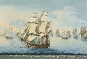 Statek Mount Vernon z Salem wyprzedzający francuską flotę (akwarela na papierze)
