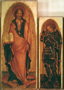 Święty Jakub ze świętymi, fragment św. Jakuba i św. Michała Archanioła, ok. 1450 (tempera na desce ze złotem) (detal z 256989)