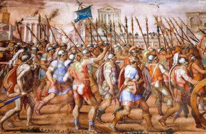 Triumf konsula Lucjusza Emiliusza Paulusa nad Perseuszem królem Macedonii (detal), ok. 1570 (fresk) autorstwa Michele and Rocchetti Jacopo Alberti