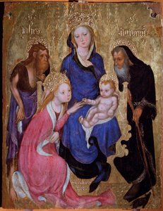 Mistyczne zaślubiny św. Katarzyny ze świętymi Janem Chrzcicielem i Antonim Egipskim - Malarstwo, ok. 1420 autorstwa Michelino Molinari da (attr. to) Besozzo
