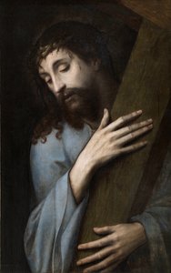 Jezus z krzyżem - Obraz Michiela Coxcie (Coxie, Coxien, De Coxien, De Coxcie, Coxius, Van Coxcie) (1499-1592), ok. 1555 - Olej na drewnie, 81x50 - Museo del Prado, Madryt