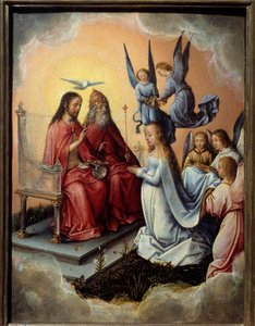 Koronacja Matki Boskiej. Dziewica pobłogosławiona przez trójcę (Boga, Chrystusa i Ducha Świętego) nad nią, aniołowie nakładają koronę na jej głowę. Obraz Michela Sittowa (1468-1525) lub Mistrza Michiela, Ec. Hol.