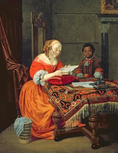 Kobieta czytająca list z czarnym w obecności, 1670