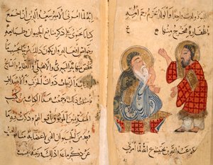 Lub. 2784, ff.101-101v Strona tekstu i obok, Ibn Bakhtishu i uczeń, ilustracja z "Kitab Na