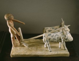 Model nagrobny oracza prowadzącego pług ciągnięty przez dwa woły (drewno malowane)