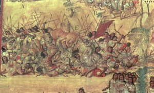 Bitwa w mieście Cholula między Hiszpanami a Indianami w październiku 1519 r.