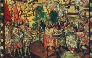 Szczegóły dotyczące Hernana Cortesa (1485-1547) wchodzącego na cmentarz i przyjmującego wodza Gordo (Quauhtlaebana), który rozdaje mięso i prezenty wszystkim Hiszpanom