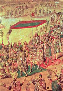 Powitanie Montezumy (1466-1520) fragment obrazu przedstawiający „Podbój Meksyku autorstwa Hernando Cortesa (1485-1547) 1698