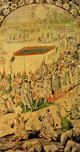 Jeden z pary plansz przedstawiających spotkanie Hernando Cortesa (1485-1547) i Montezumy (1466-1520): Montezuma i jego zwolennicy, 1698