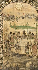 Nakazuje zniszczenie statków i spotyka się z ambasadorami Montezumy (Moctezuma, Moteuczoma, Motecuhzoma) (1466-1520) w 1520 r. - Podbój Meksyku przez Hernana Cortesa par Gonzaleza, Miguela i Juana (aktywny koniec XVII w.). Olej na drewnie, rozmiar :