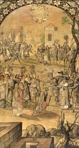 Podbój Meksyku Hernana Cortesa par Gonzaleza, Miguela i Juana (czynny koniec XVII w.). Olej na drewnie, rozmiar : 97x53