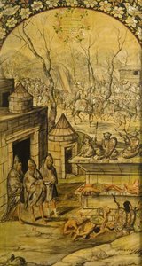 Podbój Meksyku autorstwa Hernana Cortesa par Gonzaleza, Miguela i Juana (aktywny koniec XVII w.). Olej na drewnie, rozmiar : 97x53