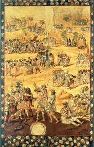 Spotkanie Hernando Cortesa (1485-1547) i Montezumy (1466-1520), panel z podboju Meksyku