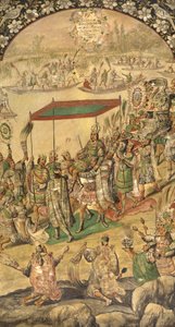 Powitanie Montezumy (Moctezuma, Moteuczoma, Motecuhzoma)(1466-1520) - Podbój Meksyku Hernana Cortesa par Gonzaleza, Miguela i Juana (czynny koniec XVII w.). Olej na drewnie, rozmiar : 97x53 autorstwa Miguel and Juan Gonzalez