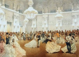 Bal w Sali Koncertowej Pałacu Zimowego podczas oficjalnej wizyty Nasira al-Din Shaha w maju autorstwa Mihaly von Zichy
