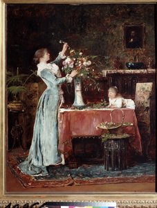 "La composition du bouquet" (Komponowanie bukietu) Kobieta z klasy średniej (Węgierka?) przygotowująca bukiet kwiatów, patrząca na nią córka. Obraz Mihaly Munkacsy (1844-1900) ok. 1880 Muzeum Puszkina w Moskwie autorstwa Mihály Munkácsy