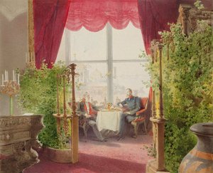 Śniadanie cesarzy Aleksandra II i Wilhelma I w Pałacu Zimowym, 1873. autorstwa Mihály Zichy