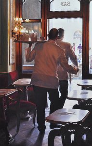 Tańczący kelnerzy, 2019 (olej na płótnie) autorstwa Mike Briscoe