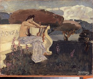 Muza, projekt kurtyny teatralnej (Muse - Projekt kurtyny teatralnej) - Obraz Michaiła Aleksandrowicza Wrubla (Vrubel) (1856-1910), olej na płótnie, ok. 1890 - Rosyjska sztuka sceniczna autorstwa Mikhail Aleksandrovich Vrubel