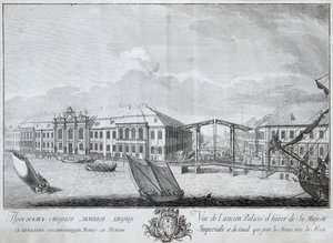 Widok drugiego Pałacu Zimowego z kanałem łączącym Mojkę z Newą, 1753 autorstwa Mikhail Ivanovich Makhaev