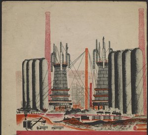 Illustration du livre pour enfants „Combinat metallurgique Kuznets: un geant socialiste” – ilustracja do książki dla dzieci „Kuznets Metallurgical Combine: Socjalistyczny Gigant” autorstwa Gurevicha, Michaiła Lwowicza (1904-1943). Litografia kolorowa autorstwa Mikhail Lvovich Gurevich