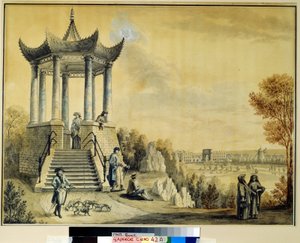 Pawilon Grand Caprice w Parku Katarzyny w Carskim Siole. Praca Michaiła Matwiejewicza Iwanowa (1758-1823), akwarela i kreda na papierze, koniec XVIII wieku. XVIII-wieczna sztuka rosyjska. Ins