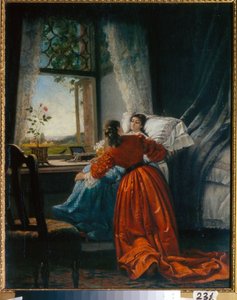 Wizyta u chorych (Zwiedzanie chorych) kobieta chowa małą dziewczynkę na siedzeniu, zainstalowanym przy oknie - Obraz Michaiła Pietrowicza, Barona Klodta (1835-1914), olej na miedzi autorstwa Mikhail Petrovich Klodt