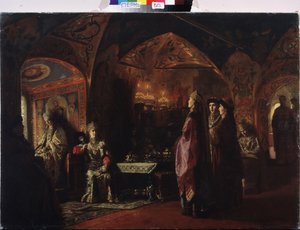 Mieszkanie Carycy (Mieszkanie Caryewny). Kompozycja na temat dawnej Rosji, tradycyjny strój i dekoracja Księstwa Moskiewskiego. Obraz barona Michaiła Pietrowicza Klodta (1835-1914), olej na płótnie autorstwa Mikhail Petrovich Klodt