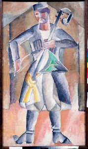 Musicien (Sas Musician) - Portret muzyka w tradycyjnym stroju, ze swoim instrumentem, rodzajem pionowej liry korbowej z dwiema napiętymi strunami, na której gra się smyczkiem - Obraz Michaiła Wasiljewicza Le Dantyu (1891-1917), olej na płótnie - Art rus autorstwa Mikhail Vasilevich Le Dantu