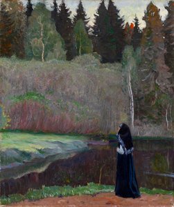 „Le chant du rossignol” (Słowik śpiewa) Zakonnica słuchająca śpiewu ptaków - Obraz Michaiła Wasiljewicza Niestierowa (1862-1942) 1918 Wym. 81x68,5 cm Kolekcja prywatna autorstwa Mikhail Vasilievich Nesterov