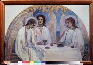 Gościnność Abrahama. Trójca Starego Testamentu. Przedstawienie trzech aniołów, którzy ukazali się Abrahamowi w pobliżu Chene de Mambre. (Gościnność Abrahama (Trójca starotestamentowa). Obraz Michaiła Wasiljewicza Niestierowa (1862-1942), olej na płótnie.