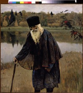 Pustelnik (Pustelnik). Starzec z brodą i siwymi włosami idzie, pochylony nad laską, brzegiem jeziora. Obraz Michaiła Wasiljewicza Niestierowa (1862-1942), olej na płótnie