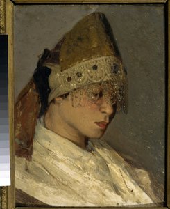 Dziewczyna ubrana w Kokochnik (Dziewczyna z Kokosznikiem). Tradycyjne wysokie nakrycie głowy Rosjan, wiązane z tyłu wstążkami, przód ozdobiony koralikami i haftem. Obraz Michaiła Wasiljewicza Niestierowa (1862-1942), olej na drewnie