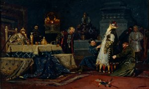 Płaszcz głupców. Bojar Drużyna Andriejewicz Morozow przed Iwanem Groźnym, 1885 autorstwa Mikhail Vasilievich Nesterov