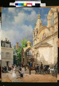 Ludzie opuszczający cerkiew - Grafika Michaiła Jakowlewicza Villie (1838-1910) autorstwa Mikhail Yakovlevich Villie