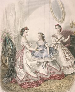 Dwie kobiety i mała dziewczynka w najnowszych modach halowych, ok. 1860 r autorstwa Millia Lacouriere